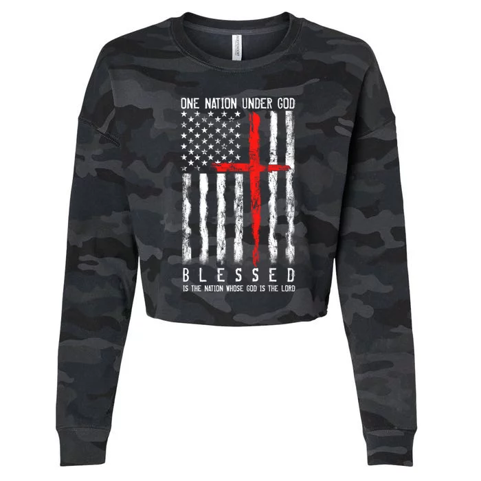 Patriotic Christian Flag "Blessed One Nation Under God" Funny Gift Cropped Pullover Crew