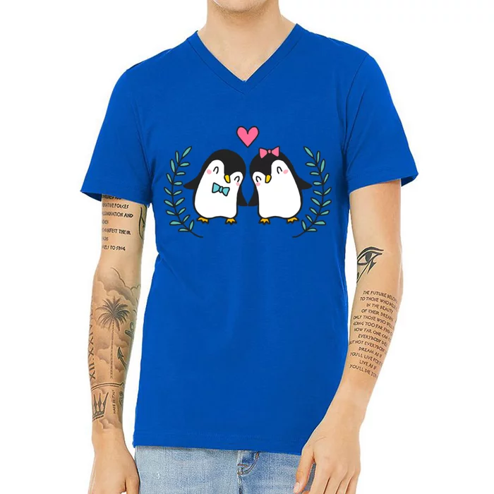 Penguin Couples Gift Wedding Anniversary Valentines Him Her Gift V-Neck T-Shirt