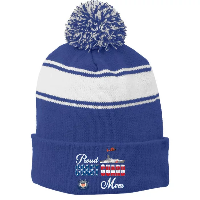 Proud Coast Guard Mom Gift U S Coast Guard Veteran Military Gift Stripe Pom Pom Beanie