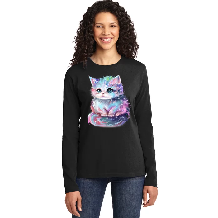 Pastel Cat Galaxy Cute Kitten Colorful Kitty Ladies Long Sleeve Shirt