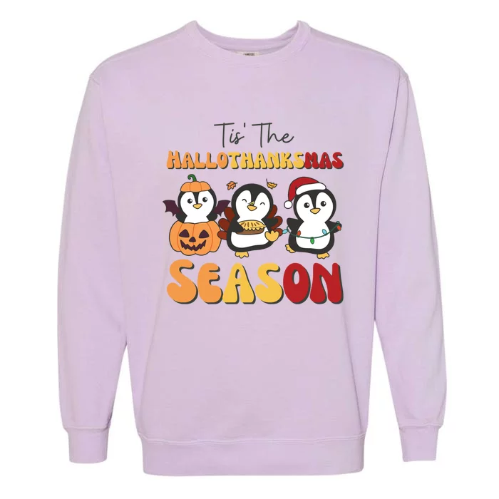 Penguin Christmas Halloween Tis The Hallothanksmas Season Gift Garment-Dyed Sweatshirt