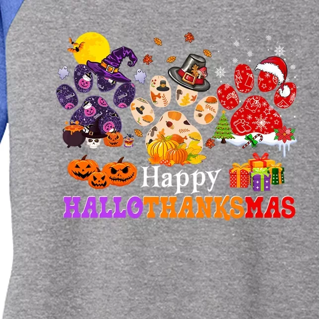 Paw Cat Happy Hallothanksmas Halloween Thanksgiving Xmas Gift Women's Tri-Blend 3/4-Sleeve Raglan Shirt