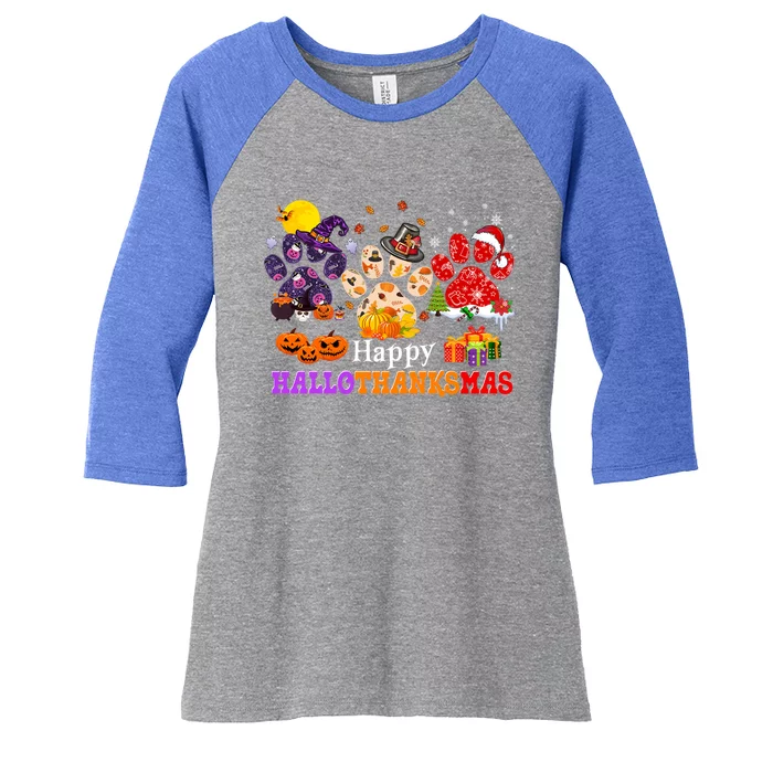 Paw Cat Happy Hallothanksmas Halloween Thanksgiving Xmas Gift Women's Tri-Blend 3/4-Sleeve Raglan Shirt