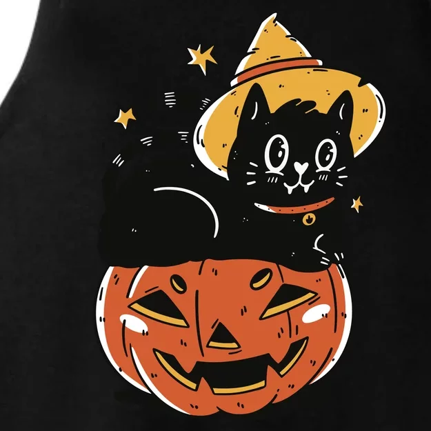 Pumpkin Cat Halloween Cute Festive Ladies Tri-Blend Wicking Tank