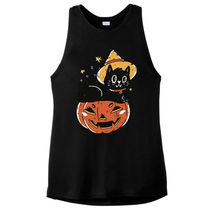 Pumpkin Cat Halloween Cute Festive Ladies Tri-Blend Wicking Tank