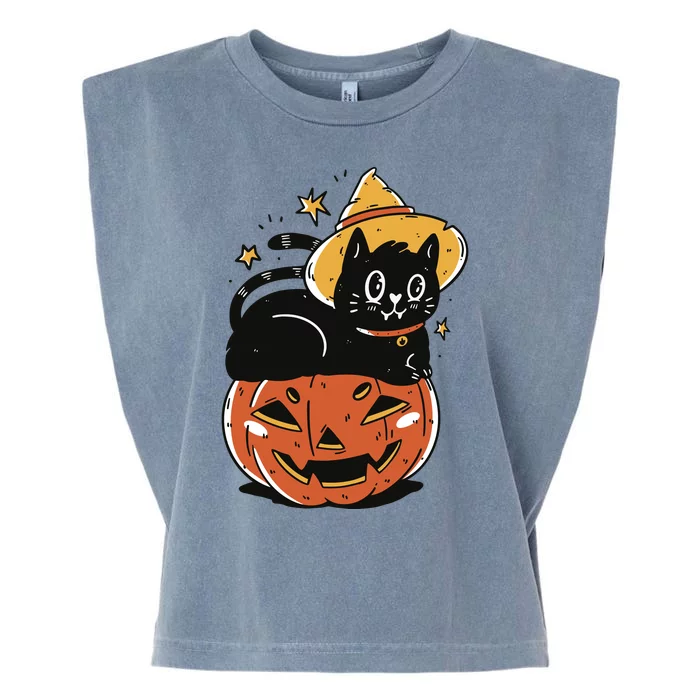 Pumpkin Cat Halloween Cute Festive Garment-Dyed Women's Muscle Tee