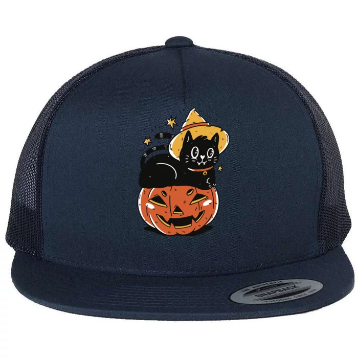 Pumpkin Cat Halloween Cute Festive Flat Bill Trucker Hat