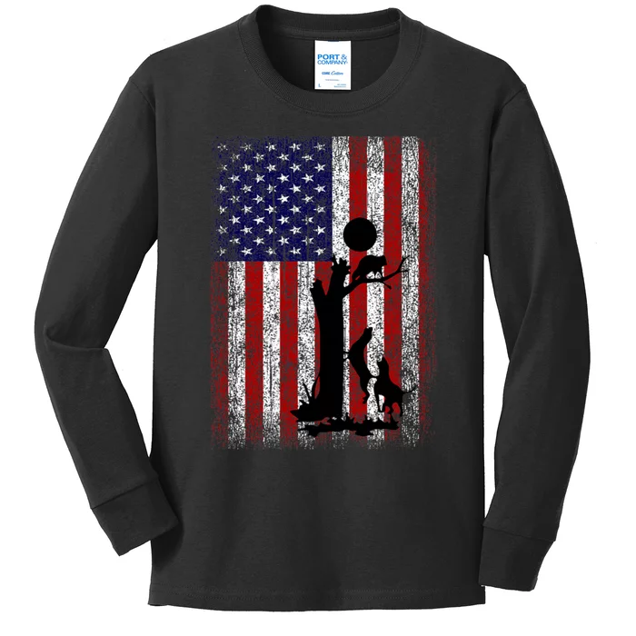 Patriotic Coon Hunting Dogs American Flag Kids Long Sleeve Shirt