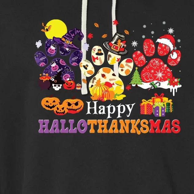 Paw Cat Happy Hallothanksmas Halloween Thanksgiving Xmas Garment-Dyed Fleece Hoodie