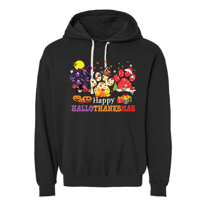 Paw Cat Happy Hallothanksmas Halloween Thanksgiving Xmas Garment-Dyed Fleece Hoodie