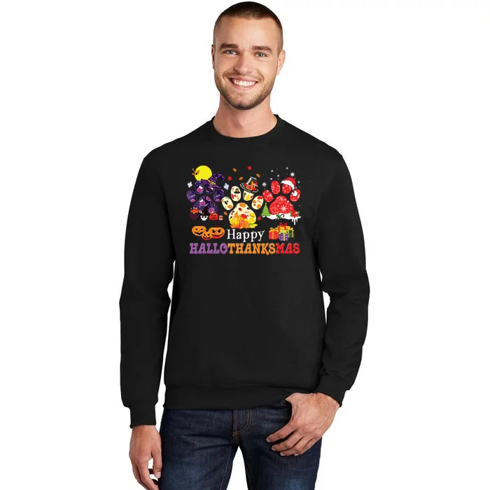 Paw Cat Happy Hallothanksmas Halloween Thanksgiving Xmas Sweatshirt