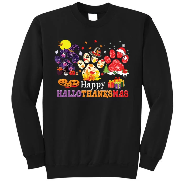 Paw Cat Happy Hallothanksmas Halloween Thanksgiving Xmas Sweatshirt