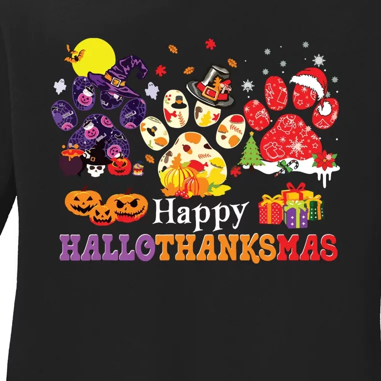 Paw Cat Happy Hallothanksmas Halloween Thanksgiving Xmas Ladies Long Sleeve Shirt