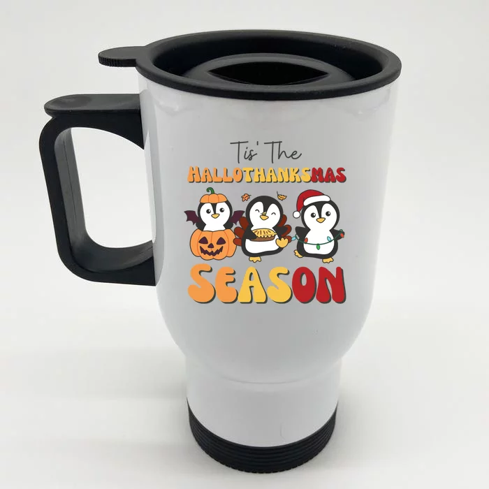 Penguin Christmas Halloween Tis The Hallothanksmas Season Front & Back Stainless Steel Travel Mug