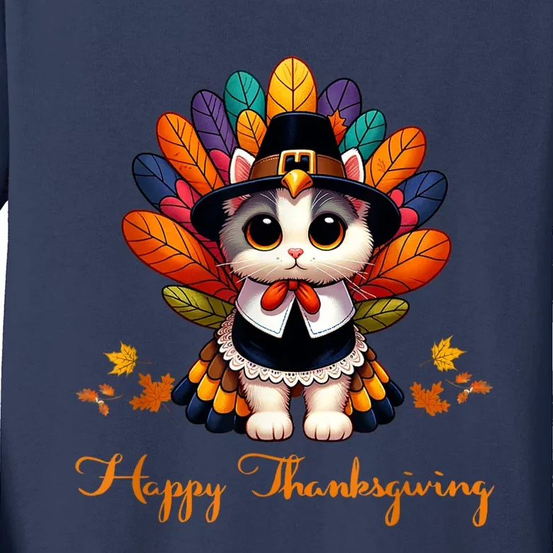 Pilgrim Cat In Turkey Disguise Turkey Costume Thanksgiving Kids Long Sleeve Shirt