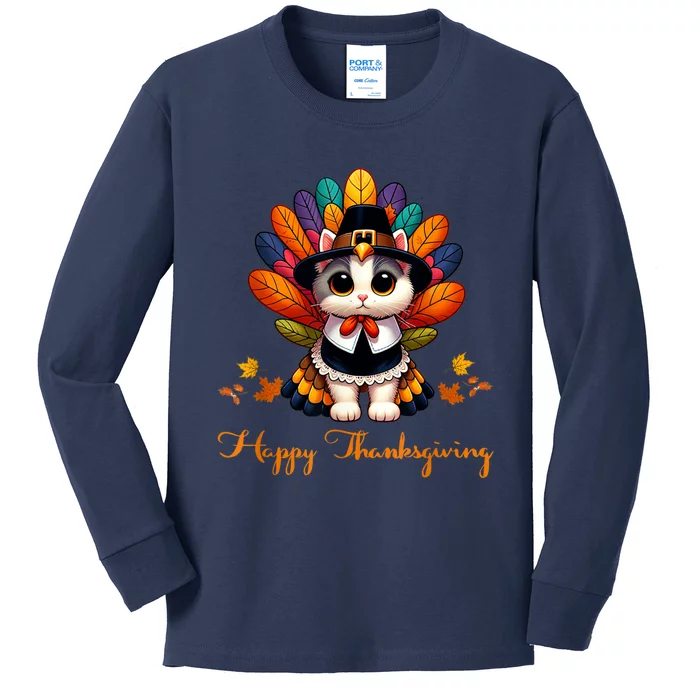 Pilgrim Cat In Turkey Disguise Turkey Costume Thanksgiving Kids Long Sleeve Shirt