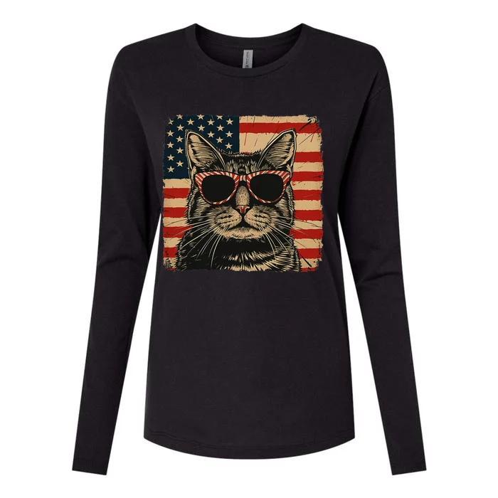 Patriotic Cat Independence Day Celebration Womens Cotton Relaxed Long Sleeve T-Shirt