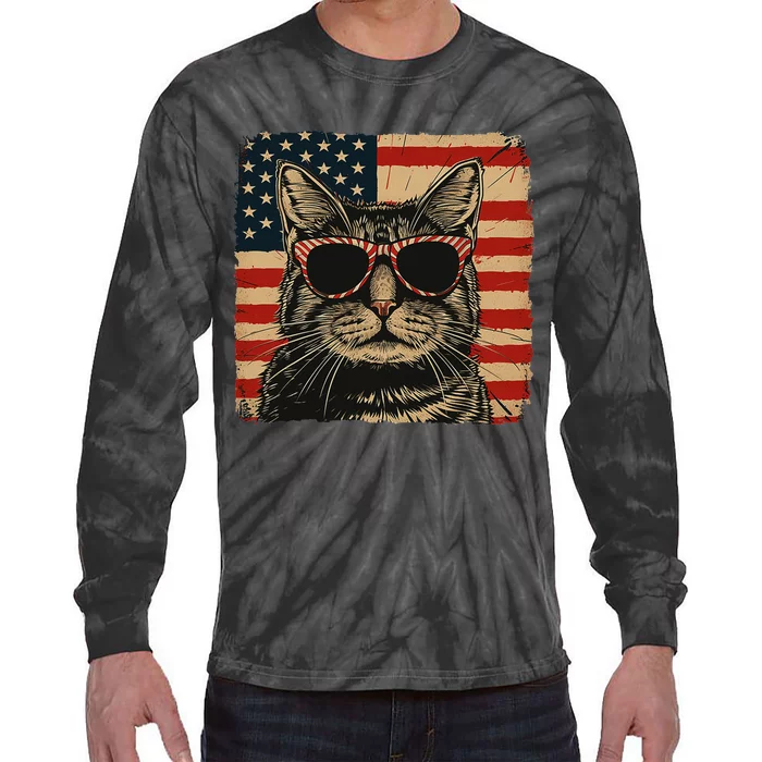 Patriotic Cat Independence Day Celebration Tie-Dye Long Sleeve Shirt