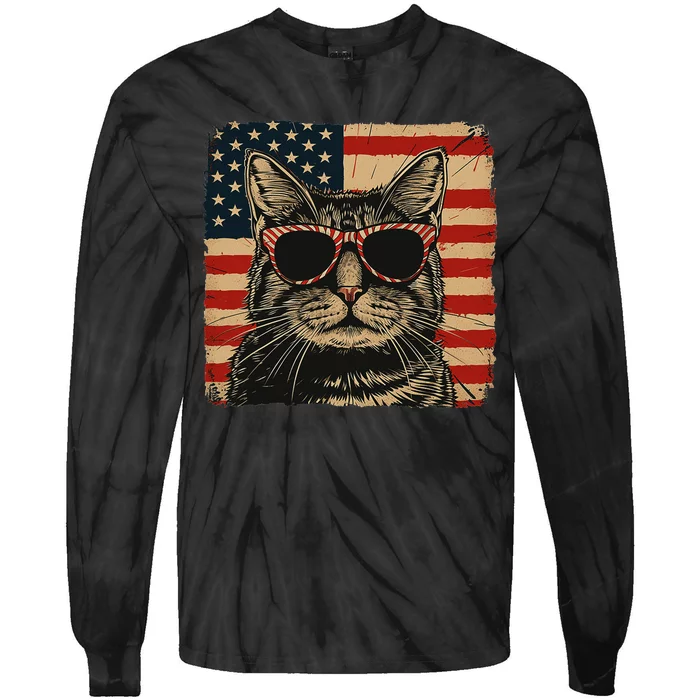 Patriotic Cat Independence Day Celebration Tie-Dye Long Sleeve Shirt