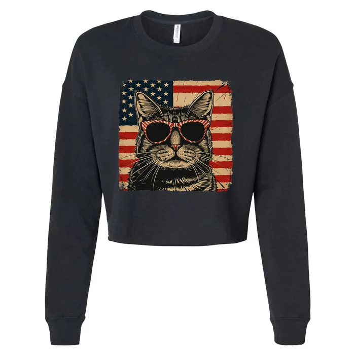 Patriotic Cat Independence Day Celebration Cropped Pullover Crew