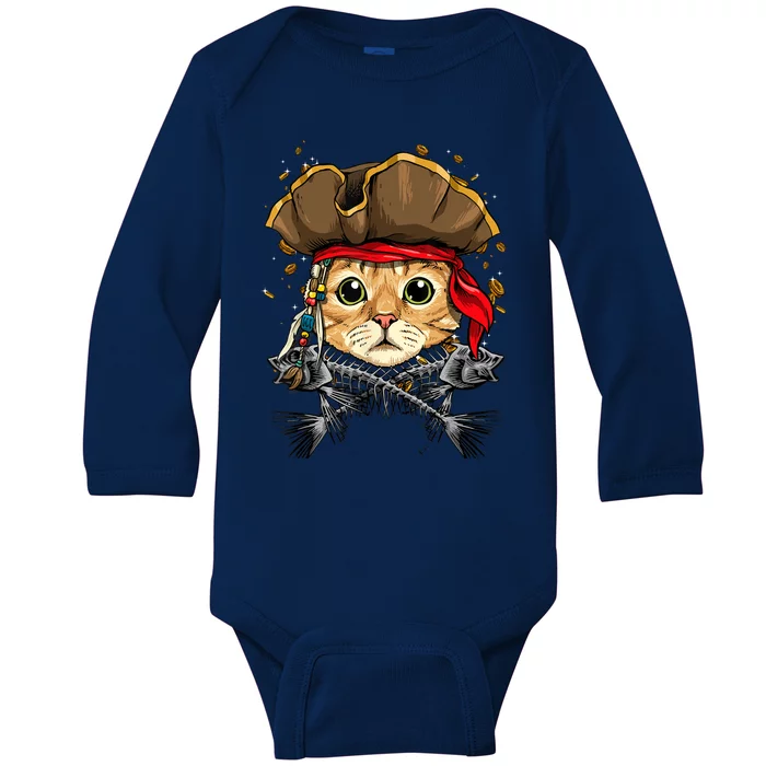 Pirate Cat Jolly Roger Flag Nautical Sailors Pet Cat Lover Baby Long Sleeve Bodysuit