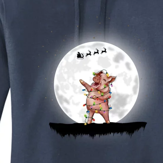 Pig Christmas Light Santa Farmer Christmas Gift Women's Pullover Hoodie