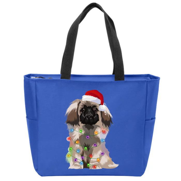 Pekingese Christmas Lights Xmas Dog Lover Santa Hat Funny Gift Zip Tote Bag