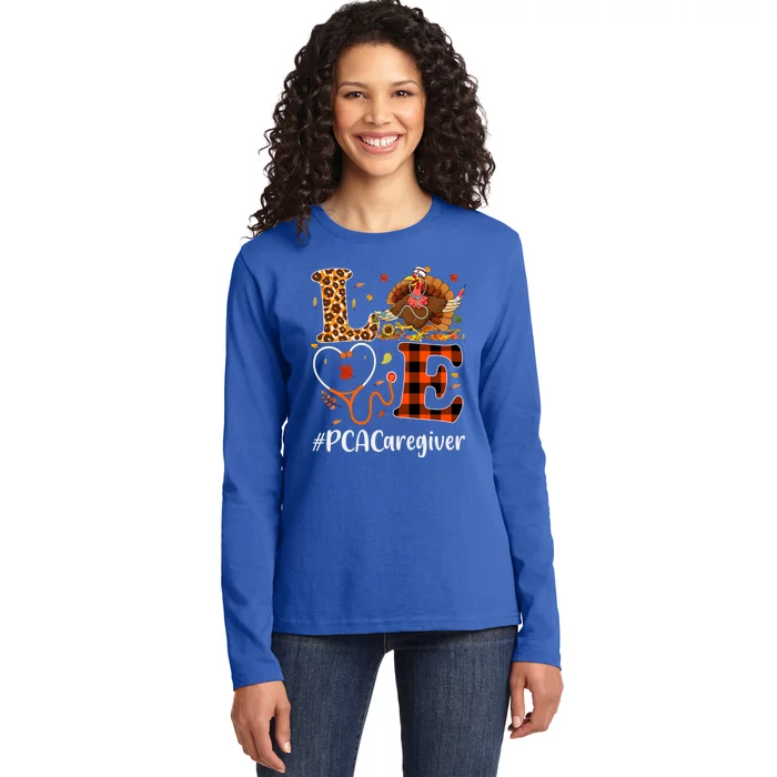 Pca Caregiver Love Thanksgiving Leopard Stethoscope Turkey Gift Ladies Long Sleeve Shirt