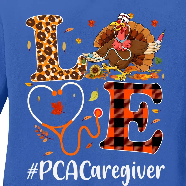 Pca Caregiver Love Thanksgiving Leopard Stethoscope Turkey Gift Ladies Long Sleeve Shirt