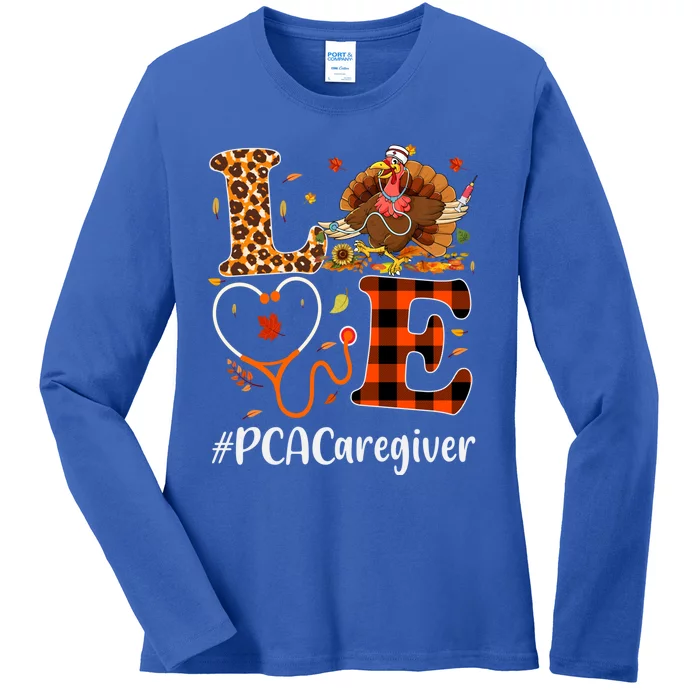 Pca Caregiver Love Thanksgiving Leopard Stethoscope Turkey Gift Ladies Long Sleeve Shirt