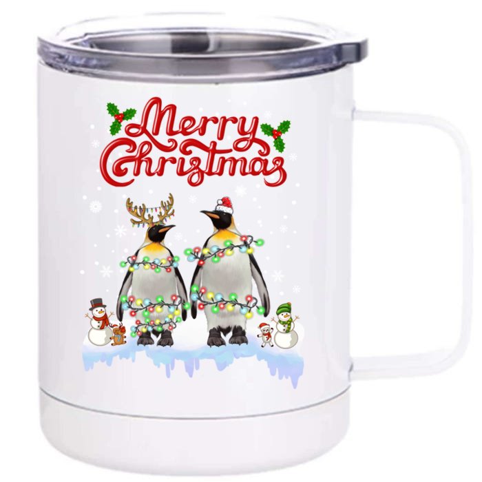 Penguins Christmas Lights Matching Family Xmas Animals Gift Front & Back 12oz Stainless Steel Tumbler Cup