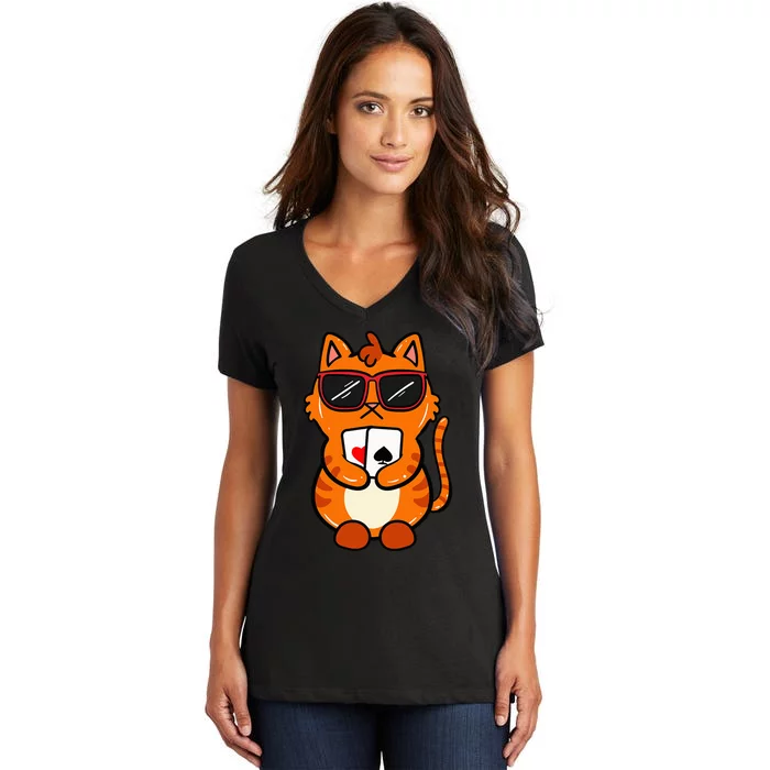 Poker Cat Lover Gambling Casino Gambler Card Game Women's V-Neck T-Shirt