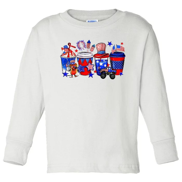 Patriotic Coffee Lover Drinker Distressed USA Flag July 4th Toddler Long Sleeve Shirt