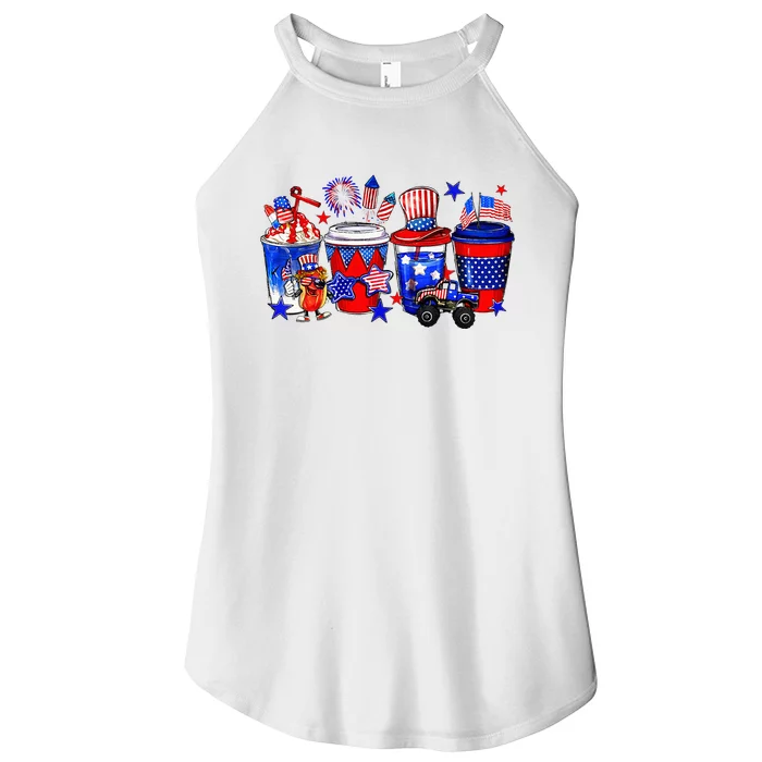 Patriotic Coffee Lover Drinker Distressed USA Flag July 4th Women’s Perfect Tri Rocker Tank