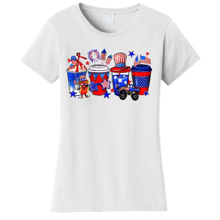 Patriotic Coffee Lover Drinker Distressed USA Flag July 4th Women's T-Shirt