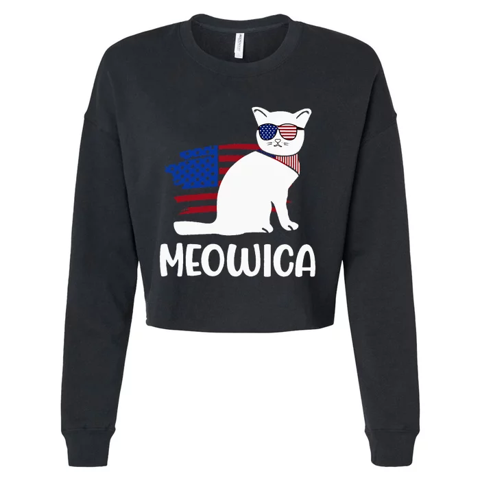 Patriotic Cat Meowica 4th of July Funny Kitten Lover Cropped Pullover Crew