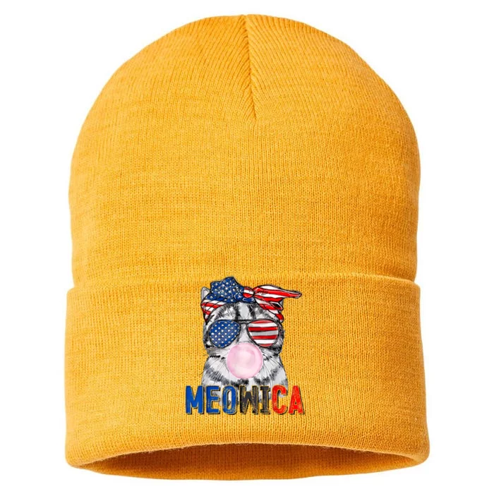 Patriotic Cat Meowica Bubblegum 4th Of July Funny Cat Lover Sustainable Knit Beanie