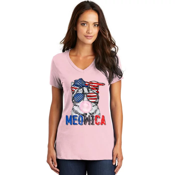 Patriotic Cat Meowica Bubblegum 4th Of July Funny Cat Lover Women's V-Neck T-Shirt