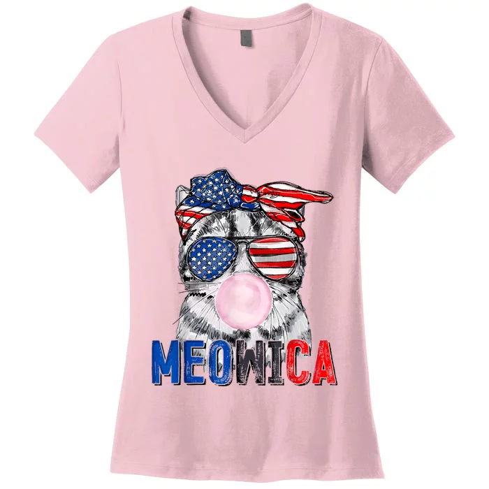 Patriotic Cat Meowica Bubblegum 4th Of July Funny Cat Lover Women's V-Neck T-Shirt