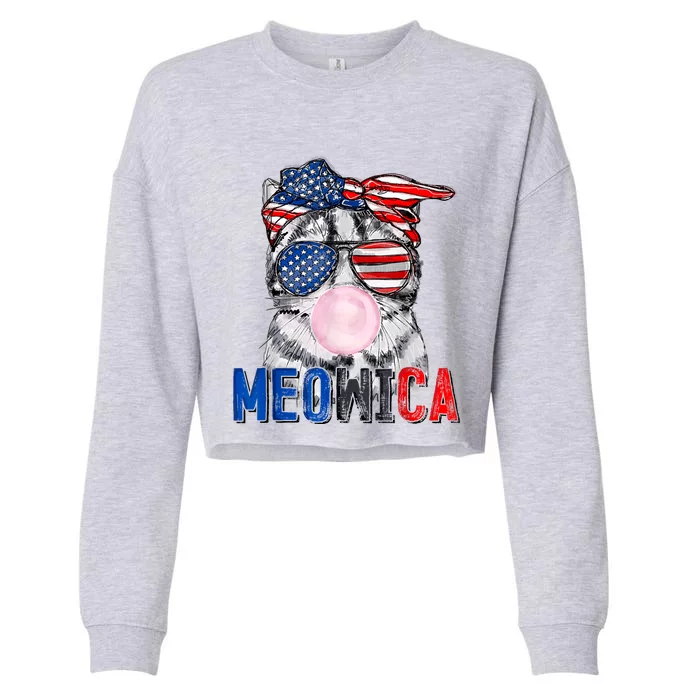 Patriotic Cat Meowica Bubblegum 4th Of July Funny Cat Lover Cropped Pullover Crew