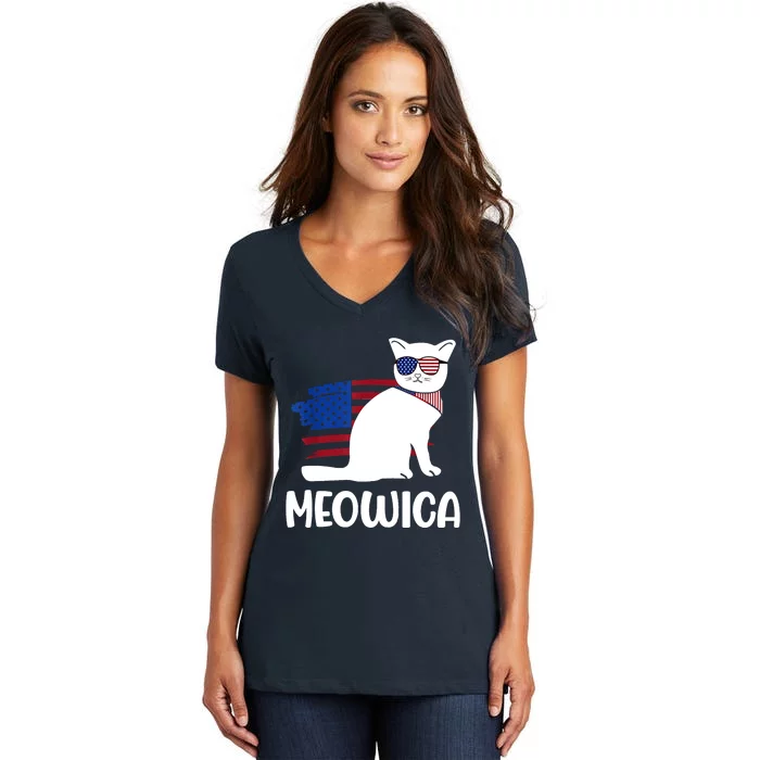 Patriotic Cat Meowica 4th Of July Funny Kitten Lover Women's V-Neck T-Shirt