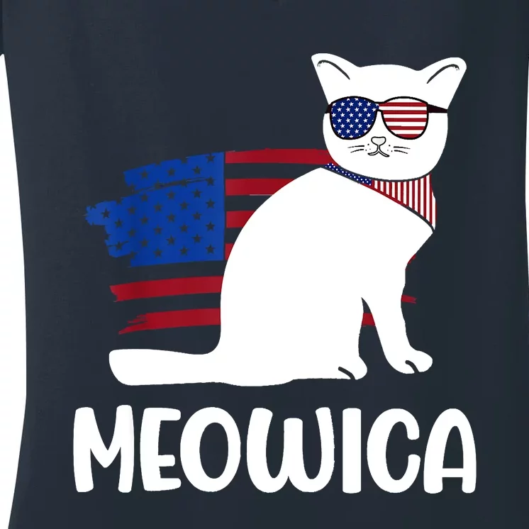 Patriotic Cat Meowica 4th Of July Funny Kitten Lover Women's V-Neck T-Shirt