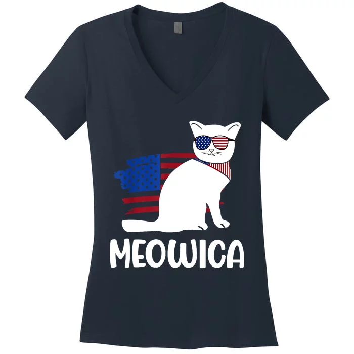 Patriotic Cat Meowica 4th Of July Funny Kitten Lover Women's V-Neck T-Shirt