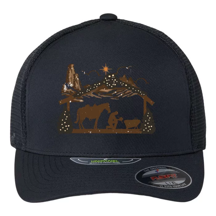 Praying Cowboy Manger Religious Western Christmas Flexfit Unipanel Trucker Cap