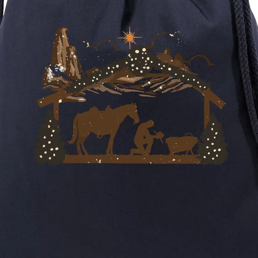 Praying Cowboy Manger Religious Western Christmas Drawstring Bag