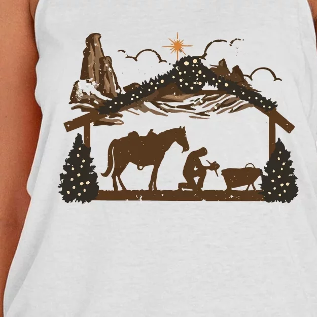 Praying Cowboy Manger Religious Western Christmas Women's Knotted Racerback Tank