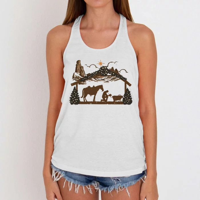 Praying Cowboy Manger Religious Western Christmas Women's Knotted Racerback Tank