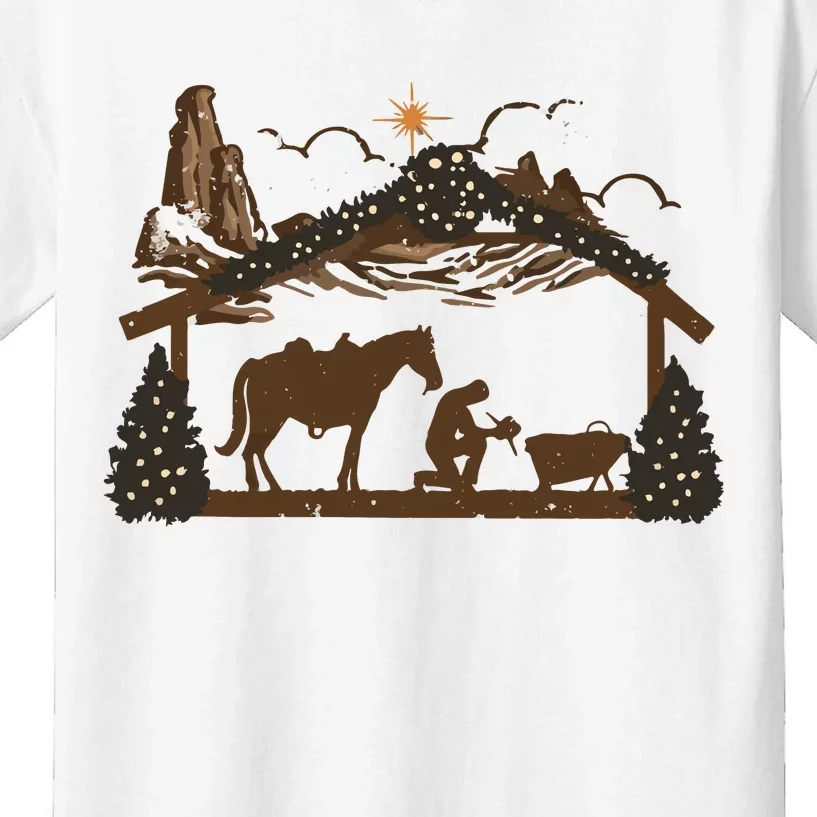 Praying Cowboy Manger Religious Western Christmas Kids T-Shirt