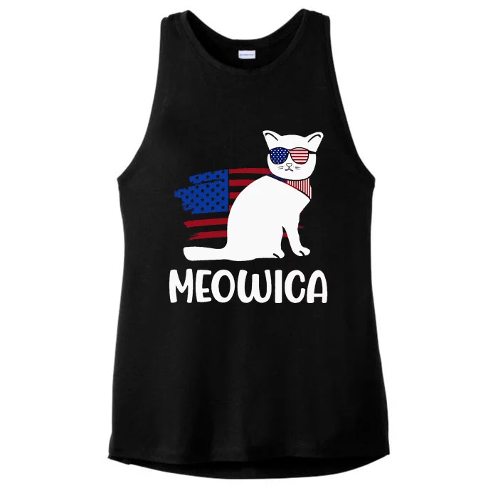 Patriotic Cat Meowica 4th of July Funny Kitten Lover Ladies Tri-Blend Wicking Tank