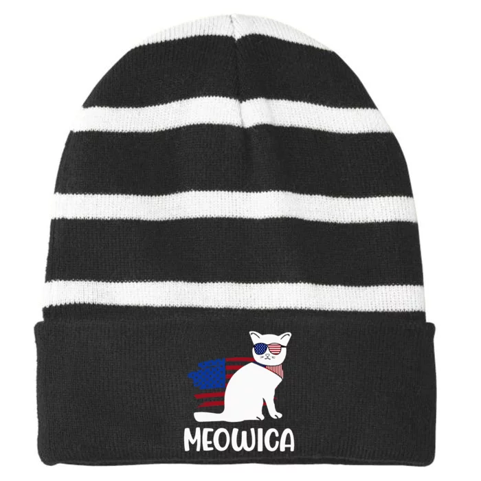 Patriotic Cat Meowica 4th of July Funny Kitten Lover Striped Beanie with Solid Band